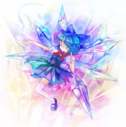 Rule 34 | 1girl, ahoge, blue eyes, blue hair, bow, bowtie, cirno, dress, food, hair bow, hair ribbon, ice, ice cream, ice wings, index finger raised, mary janes, matching hair/eyes, one eye closed, pointing, ribbon, shoes, solo, thighhighs, touhou, white thighhighs, wings, wink, yutsuka, yutsuka (amyucca), zettai ryouiki