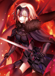 Rule 34 | 1girl, :d, armor, armored dress, black cape, black dress, black thighhighs, blonde hair, breasts, cape, chain, cowboy shot, dress, dual wielding, eyebrows, fate/grand order, fate (series), fire, fringe trim, fur trim, fuyuki (neigedhiver), garter straps, gauntlets, headpiece, highres, holding, holding sword, holding weapon, jeanne d&#039;arc (fate), jeanne d&#039;arc alter (avenger) (fate), jeanne d&#039;arc alter (avenger) (first ascension) (fate), jeanne d&#039;arc alter (fate), large breasts, looking at viewer, open mouth, ruler (fate/grand order), sheath, smile, solo, sword, thighhighs, torn clothes, weapon, yellow eyes