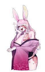Rule 34 | 1girl, animal ears, animal hands, black panties, body markings, breast hold, breasts, buck teeth, cherry blossoms, cleavage, colored skin, cropped kimono, cropped legs, facial mark, floral print, gradient kimono, hair over one eye, hand up, highres, japanese clothes, kimono, large breasts, long hair, long sleeves, looking at viewer, meziro001, no pants, off shoulder, one eye covered, open mouth, original, panties, petals, pink hair, pink kimono, pink skin, rabbit ears, red eyes, simple background, slit pupils, smile, snout, solo, teeth, underwear, white background, wide sleeves