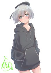 Rule 34 | 1girl, alternate costume, beret, black hat, blue eyes, cowboy shot, grey hair, grey sweater, hands in pockets, hat, highres, hood, hooded sweater, hoodie, kantai collection, lanthan, looking at viewer, one-hour drawing challenge, short hair, simple background, solo, sweater, white background, z1 leberecht maass (kancolle)