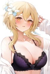 Rule 34 | 1girl, bare shoulders, black bra, blonde hair, blush, bra, breasts, collarbone, flower, genshin impact, hair between eyes, hair flower, hair ornament, hand up, highres, karacak, lace, lace-trimmed bra, lace trim, large breasts, lingerie, looking at viewer, loose clothes, lumine (genshin impact), medium breasts, mihoyo, nail polish, off shoulder, parted lips, pink nails, purple bra, shirt, short hair with long locks, simple background, solo, underwear, upper body, white flower, white shirt, yellow eyes