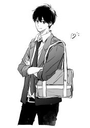 Rule 34 | 1boy, bag, belt, belt buckle, blazer, buckle, carrying bag, closed mouth, collared shirt, commentary request, cropped legs, crossed arms, heart, highres, jacket, looking to the side, necktie, original, pants, saitou shiori (pixiv14549321), school bag, school uniform, shirt, short hair, simple background, sleeves past elbows, sleeves rolled up, solo, standing