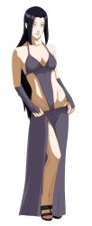 Rule 34 | 1girl, absurdres, bare shoulders, black footwear, black hair, breasts, bridal gauntlets, cleavage, closed mouth, collarbone, covered erect nipples, covered navel, dress, eyebrows, female focus, fingernails, flowerinhell, full body, gloves, groin, highres, hinata&#039;s mother, long hair, looking at viewer, medium breasts, nail polish, naruto, naruto (series), naruto shippuuden, no pupils, pink nails, purple eyes, revealing clothes, sandals, side slit, sleeveless, sleeveless dress, smile, solo, standing, toenail polish, toenails, transparent background