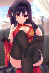 Rule 34 | 1girl, absurdres, backlighting, bare shoulders, black gloves, black hair, black hairband, black thighhighs, blush, braid, breasts, china dress, chinese clothes, cleavage, cleavage cutout, closed mouth, clothing cutout, commentary request, couch, crossed legs, day, dress, eyes visible through hair, feet, floral print, foot out of frame, foreshortening, french braid, gloves, hair between eyes, hair intakes, hairband, hamidashi creative, hand up, highres, indoors, kamakura shio, large breasts, lens flare, long hair, looking at viewer, nanatsu (na na tsu), no shoes, on couch, print dress, red dress, red eyes, sitting, skirt hold, smile, soles, solo, split mouth, straight hair, thighhighs, toes, tsurime, very long hair, window