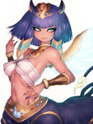 Rule 34 | 1girl, animal ears, bare shoulders, blue eyes, breasts, cat ears, centauroid, covered erect nipples, dark skin, dark-skinned female, egyptian, fang, fingernails, fumio (rsqkr), highres, kurekurepatra, light smile, looking at viewer, medium breasts, monster girl, nail polish, navel, parted lips, purple hair, simple background, smile, solo, sphinx, taur, underboob, white background, wings, youkai watch, youkai watch 3