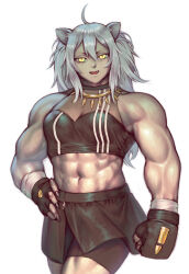 Rule 34 | 1girl, abs, absurdres, ahoge, animal ears, antenna hair, black shorts, boxing gloves, choker, fangs, gido (hinchel or), highres, hololive, jewelry, lion ears, lion girl, long hair, looking at viewer, muscular, muscular female, necklace, shishiro botan, shishiro botan (1st costume), short shorts, shorts, skirt, solo, tank top, virtual youtuber, white background, white hair, yellow eyes