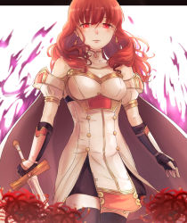 Rule 34 | 1girl, bare shoulders, black thighhighs, blurry, breasts, celica (fire emblem), corruption, cowboy shot, dark persona, depth of field, detached collar, dress, earrings, fingerless gloves, fire, fire emblem, fire emblem echoes: shadows of valentia, fire emblem heroes, flower, gloves, glowing, glowing eyes, haru (nakajou-28), jewelry, long hair, looking at viewer, medium breasts, nintendo, pelvic curtain, possessed, possession, purple fire, red eyes, red hair, solo, spider lily, sword, thighhighs, weapon, white dress, zettai ryouiki, zombie