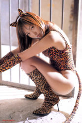 Rule 34 | 1girl, animal ears, animal print, asian, cat ears, cat tail, cosplay, cosplay photo, high heels, leopard print, photo (medium), red hair, shoes, solo, tail