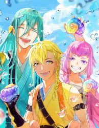 Rule 34 | 3boys, :d, absurdres, bad id, bad pixiv id, blonde hair, blue hair, blue sky, braid, colored eyelashes, day, facing viewer, grin, hand up, hataya, highres, holding, japanese clothes, kimono, looking at viewer, male focus, multiple boys, open mouth, outdoors, pink eyes, pink hair, sky, smile, snail shell, touken ranbu, water drop, yellow eyes