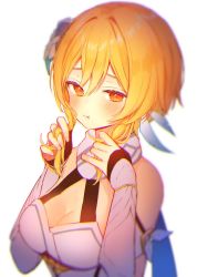 Rule 34 | 1girl, bare shoulders, blonde hair, blush, breasts, bug, chiroron, dress, firefly, flower, genshin impact, hair flower, hair ornament, highres, insect, lumine (genshin impact), medium breasts, short hair, white dress, yellow eyes