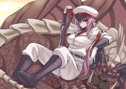Rule 34 | 1girl, armband, belt, black footwear, blood, boots, braid, breasts, closed mouth, cross-laced footwear, elf, full body, gloves, gun, hat, lace-up boots, large breasts, long hair, looking at viewer, military, military uniform, monster, nazi, necktie, original, peaked cap, pink hair, pointy ears, red eyes, red necktie, rifle, sengoku aky, sitting, swastika, twin braids, uniform, very long hair, weapon, white gloves