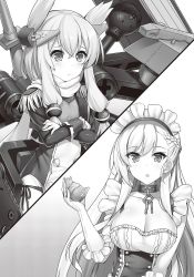 Rule 34 | 2girls, azur lane, belfast (azur lane), breasts, cleavage, closed mouth, collarbone, elbow gloves, gloves, greyscale, highres, large breasts, long hair, long sleeves, looking at another, maid headdress, monochrome, multiple girls, parted lips, raiou, small breasts, very long hair, warspite (azur lane)