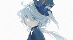 Rule 34 | 1girl, blue eyes, blue hair, blue hat, closed mouth, eyelashes, furina (genshin impact), genshin impact, grey hair, hair between eyes, hat, highres, long hair, looking at viewer, simple background, solo, suyoko01, top hat, upper body, white background