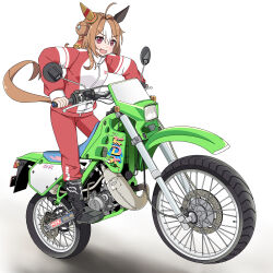 Rule 34 | 1girl, absurdres, animal ears, blush, brown hair, copano rickey (umamusume), dirtbike, ear covers, gokiburi (hosan dango), hair bun, highres, horse ears, horse girl, horse tail, jacket, kawasaki, kawasaki kdx125, motor vehicle, motorcycle, multicolored clothes, multicolored jacket, open mouth, pants, red eyes, red jacket, red pants, shadow, single ear cover, single side bun, smile, solo, tail, track suit, two-tone jacket, umamusume, v-shaped eyebrows, vehicle focus, white background, white jacket