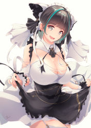 Rule 34 | 1girl, animal ears, apron, azur lane, bare shoulders, black apron, black hair, breasts, cheshire (azur lane), cleavage, commentary request, dermar, detached sleeves, dress, fake animal ears, fang, frilled apron, frilled hairband, frilled headband, frilled ribbon, frills, garter straps, hairband, highres, large breasts, long ribbon, looking at viewer, maid, maid headdress, multicolored hair, puffy detached sleeves, puffy sleeves, ribbon, signature, simple background, skin fang, solo, streaked hair, two-tone hair, white background, wrist cuffs