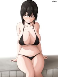 Rule 34 | 1girl, bikini, black hair, blossom hope, breasts, cleavage, highres, large breasts, ponytail, red eyes, sitting, solo, swimsuit, takamiya misaki, thick thighs, thighs, woomler