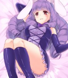 Rule 34 | 10s, animal ears, breasts, chuchu (show by rock!!), curly hair, dress, drill hair, elbow gloves, gloves, gradient background, long hair, lying, maruki (punchiki), on back, purple hair, rabbit ears, show by rock!!, solo