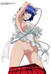 Rule 34 | 00s, 1girl, apron, armpits, blue hair, breasts, chain, cleft of venus, clothes pull, copyright name, cowboy shot, cuffs, eyepatch, frills, from below, gloves, green eyes, handcuffs, highres, ikkitousen, large breasts, legs apart, maid, maid apron, maid headdress, miyazawa tsutomu, mole, mole under mouth, naked apron, no bra, no panties, nude filter, one eye covered, pussy, ryomou shimei, short hair, skirt, solo, standing, thighs, third-party edit, white background, wide hips