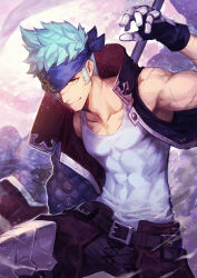 Rule 34 | 1boy, belt, belt buckle, blue hair, buckle, character request, closed mouth, collarbone, commentary request, headband, highres, light blue hair, light smile, looking at viewer, male focus, muscular, nakamura eight, puzzle &amp; dragons, scar, scar on face, scar on nose, shirt, sleeveless, sleeveless shirt, yellow eyes