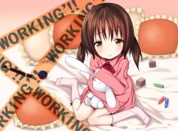 Rule 34 | 1boy, 1girl, bad id, bad pixiv id, blush, brown eyes, brown hair, crayon, crossdressing, hugging doll, frilled pillow, frills, highres, long hair, male focus, hugging object, open mouth, pillow, pokachu, sitting, solo, takanashi souta, twintails, working!!, aged down
