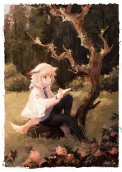 Rule 34 | 1girl, 7hertz, :/, absurdres, animal ears, arknights, bare tree, black pants, blue eyes, blue shirt, book, border, brown footwear, bush, chinese commentary, closed mouth, commentary request, flower, forest, fox ears, fox girl, fox tail, full body, grass, highres, holding, holding book, hood, hood down, hooded jacket, infection monitor (arknights), jacket, log, nature, open book, open clothes, open jacket, outdoors, pants, pink hair, procreate (medium), reading, red flower, shirt, shoes, short hair, signature, sitting, solo, sussurro (arknights), tail, tree, white border, white jacket