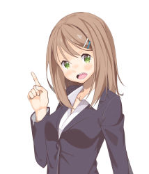 Rule 34 | 1girl, absurdres, bad id, bad pixiv id, blush, breasts, brown hair, collarbone, collared shirt, dress shirt, formal, green eyes, hair ornament, hairclip, hand up, highres, index finger raised, long hair, looking at viewer, maechuu, medium breasts, open mouth, original, shirt, simple background, smile, solo, suit, teeth, upper body, white background, white shirt, wing collar