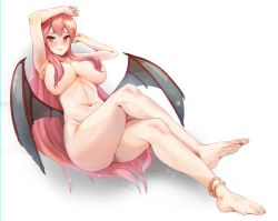 Rule 34 | 1girl, absurdres, anklet, armpits, artist request, barefoot, blush, breasts, demon girl, demon wings, feet, highres, huge filesize, jewelry, large breasts, long hair, looking at viewer, no bra, panties, parted lips, pink hair, red eyes, soles, toes, topless, underwear, wings