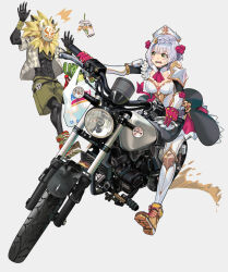 Rule 34 | 1boy, 1girl, abs, bag, black gloves, blonde hair, breasts, brown footwear, cleavage, cocomeen, cup, disposable cup, genshin impact, gloves, green eyes, green footwear, grey hair, highres, hilichurl (genshin impact), maid, mask, medium breasts, motor vehicle, motorcycle, noelle (genshin impact), on motorcycle, red gloves, shopping bag, simple background, slipping, sweatdrop, white background, white headwear