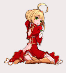 Rule 34 | 10s, 1girl, absurdres, ahoge, armor, ass, ass cutout, blonde hair, braid, breasts, butt crack, clothing cutout, dress, fang, fate/extra, fate (series), flower, from side, full body, greaves, green eyes, grey background, hair bun, hair intakes, hair ribbon, hand on own chest, high heels, highres, kiyomasa ren, looking at viewer, medium breasts, nero claudius (fate), nero claudius (fate) (all), nero claudius (fate/extra), no panties, open mouth, petals, red dress, revealing clothes, ribbon, rose, short hair, simple background, single hair bun, sitting, solo, tongue, tongue out, wariza