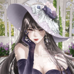 Rule 34 | 1girl, bare shoulders, black gloves, black hair, blurry, blurry background, breasts, cleavage, collarbone, dappled sunlight, depth of field, drop earrings, earrings, elbow gloves, eyelashes, flower, garden, gloves, hand on own face, hand up, hat, highres, hydrangea, jewelry, lips, long hair, looking at viewer, original, plant, purple eyes, purple flower, purple rose, rose, rox22cc, signature, smile, solo, sunlight, swept bangs
