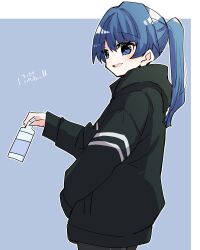 Rule 34 | 1girl, :d, alternate costume, alternate hairstyle, arm at side, black jacket, black shorts, blue background, blue eyes, blue hair, bottle, commentary request, cowboy shot, dark blue hair, from side, hair between eyes, highres, holding, holding bottle, hood, hooded jacket, jacket, kanduki kamibukuro, light blush, link! like! love live!, long hair, looking at viewer, looking to the side, love live!, murano sayaka, open mouth, outline, ponytail, shorts, sidelocks, smile, solo, swept bangs, translation request, virtual youtuber, white outline