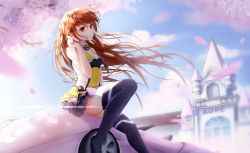 Rule 34 | 1girl, absurdres, black thighhighs, breasts, brown eyes, brown hair, car, cherry blossoms, chiya 1589505970, cleavage, cloud, day, dress, floating hair, frills, hand up, highres, long hair, looking at viewer, motor vehicle, on vehicle, original, outdoors, sitting, sky, small breasts, solo, thighhighs, very long hair, wind