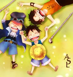 Rule 34 | 3boys, bandages, blonde hair, brothers, brown hair, closed eyes, family, freckles, holding hands, hat, male focus, monkey d. luffy, multiple boys, one piece, open mouth, pole, portgas d. ace, sabo (one piece), sakurakuon, siblings, smile, straw hat, tank top, top hat, aged down