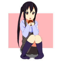 Rule 34 | 1girl, bad id, bad pixiv id, black hair, brown eyes, doughnut, eating, food, k-on!, kaiman, long hair, looking at viewer, nakano azusa, official style, open mouth, overalls, round teeth, shirt, sitting, socks, solo, t-shirt, teeth, twintails