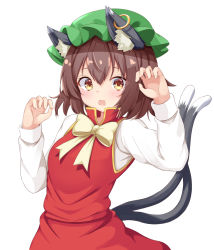 Rule 34 | 1girl, animal ear fluff, animal ears, blush, bow, bowtie, breasts, brown eyes, brown hair, cat ears, cat tail, chen, claw pose, commentary request, d:, dress, earrings, fang, gold trim, hands up, hat, jewelry, looking at viewer, medium breasts, mob cap, multiple tails, nekomata, open mouth, red dress, rururiaru, short hair, simple background, single earring, skin fang, solo, tail, touhou, two tails, upper body, white background, white bow, white bowtie