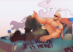 Rule 34 | 1boy, abs, all might, alternate costume, antenna hair, bara, blonde hair, blue eyes, boku no hero academia, boots, cigar, english text, full body, hair slicked back, highres, large pectorals, male focus, messy hair, muscular, nipples, pectorals, short hair, solo, stormcallart, sunglasses, thick thighs, thighs, topless male