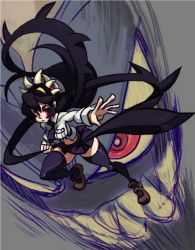 Rule 34 | alex ahad, arm out, black legwear, black skirt, clenched hand, filia (skullgirls), futakuchi-onna, highres, knees bent, knees up, loafers, monster, navel, necktie, official art, pleated skirt, samson (skullgirls), school uniform, skirt, skullgirls, teeth, tentacles, thighhighs, white shirt, yellow eyes