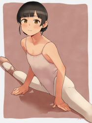 Rule 34 | 1girl, alternate costume, ballerina, ballet slippers, banned artist, blunt bangs, blush, border, braid, brown eyes, brown hair, closed mouth, commentary, flat chest, foot out of frame, kantai collection, leotard, long hair, looking at viewer, makio (makiomeigenbot), pantyhose, pink leotard, smile, solo, twin braids, white border, white pantyhose, yawata maru (kancolle)