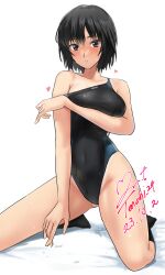 Rule 34 | 1girl, amagami, black hair, black one-piece swimsuit, black socks, bob cut, brown eyes, clothes pull, competition swimsuit, dated, heart, highleg, highleg swimsuit, highres, kneehighs, kneeling, legs apart, looking at viewer, nanasaki ai, one-piece swimsuit, one-piece swimsuit pull, one-piece tan, pulling own clothes, revision, short hair, signature, simple background, socks, solo, strap pull, swimsuit, tan, tanline, two-tone swimsuit, white background, yoo tenchi