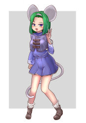 Rule 34 | 1girl, :d, animal ears, blush, brave fencer musashiden, capelet, dedorudy, dress, full body, green hair, hairband, highres, looking at viewer, mouse ears, mouse girl, mouse tail, open mouth, purple capelet, short hair, smile, solo, tail, topo (musashiden), v