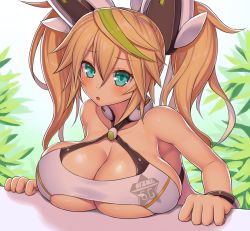 Rule 34 | 1girl, :o, aqua eyes, asamura hiori, bare shoulders, blonde hair, breast rest, breasts, cleavage, gene (pso2), highres, huge breasts, long hair, looking at viewer, parted lips, phantasy star, phantasy star online 2, solo, twintails