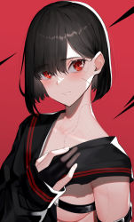 Rule 34 | 1girl, asymmetrical sleeves, banitya, belt, black belt, black gloves, black hair, black sailor collar, black serafuku, black shirt, blush, bob cut, breasts, closed mouth, detached sleeves, gloves, hand up, highres, long sleeves, looking at viewer, original, partially fingerless gloves, pleated skirt, red background, red eyes, sailor collar, school uniform, serafuku, shirt, short hair, simple background, single glove, skirt, sleeve cuffs, small breasts, solo, stitches, torn clothes, torn shirt, uneven sleeves, upper body