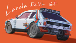 Rule 34 | car, english text, exhaust pipe, highres, lancia (brand), lancia delta s4, motor vehicle, no humans, orange background, product placement, race vehicle, racecar, rally car, shadow, simana, simple background, spoiler (automobile), vehicle focus, white car, world rally championship
