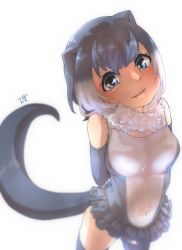 Rule 34 | 1girl, animal ears, arms behind back, artist logo, bare shoulders, breasts, brown eyes, commentary request, covered navel, detached collar, elbow gloves, extra ears, fur collar, gloves, grey gloves, grey hair, head tilt, highres, kemono friends, kneehighs, lips, looking at viewer, multicolored hair, one-piece swimsuit, otter ears, otter tail, parted lips, short hair, simple background, small-clawed otter (kemono friends), smile, socks, solo, standing, swimsuit, tail, thin (suzuneya), two-tone hair, white background, white hair