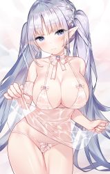Rule 34 | 1girl, bare shoulders, blush, breasts, chemise, choker, cleavage, closed mouth, commentary request, cowboy shot, elf, frown, hair ornament, highres, large breasts, long hair, looking at viewer, navel, original, panties, pointy ears, purple eyes, purple hair, ribbon, ribbon choker, see-through, solo, sora 72-iro, thighs, twintails, underwear, underwear only, very long hair, wavy mouth, white choker, white neckwear, white panties, white ribbon