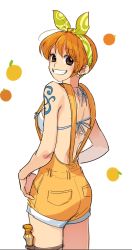 Rule 34 | 1girl, alternate hair length, alternate hairstyle, artist request, ass, bikini, bikini under clothes, breasts, brown eyes, clima-tact, earrings, eyelashes, hairband, happy, highres, jewelry, looking at viewer, nami (one piece), one piece, one piece: stampede, orange hair, overall shorts, overalls, sideboob, sketch, smile, solo, source request, standing, swimsuit, swimsuit under clothes, tattoo, thigh strap, weapon, white bikini, yellow overalls