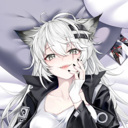 Rule 34 | 1girl, animal ears, arknights, bed sheet, black jacket, black nails, breasts, cameo, chinese commentary, collarbone, dakimakura (medium), fangs, fingerless gloves, from above, gloves, grey eyes, hair between eyes, hair ornament, hairclip, hand on own cheek, hand on own face, jacket, jiushi shijiu, lappland (arknights), lips, long hair, looking at viewer, lying, medium breasts, nail polish, on back, open clothes, open jacket, open mouth, photo (object), pillow, scar, scar across eye, scar on face, shirt, silver hair, smile, solo, texas (arknights), upper body, white gloves, white shirt, wolf ears