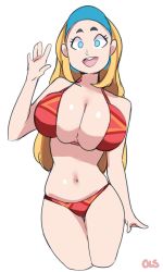 Rule 34 | 1girl, artist name, bandana, bikini, blonde hair, blue bandana, blue eyes, breasts, cartoon network, cleavage, collarbone, cowboy shot, cropped legs, hand up, highres, large breasts, lightsource, lindsay (total drama), long hair, looking at viewer, navel, open mouth, red bikini, simple background, skindentation, smile, solo, standing, swimsuit, total drama, waving, white background