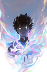 Rule 34 | 1boy, aura, black hair, cateille, character name, closed mouth, cracked skin, floating hair, frown, gakuran, glowing, grey background, highres, kageyama shigeo, looking at viewer, male focus, mob psycho 100, outstretched arm, reaching, reaching towards viewer, school uniform, short hair, solo, spiked hair, upper body, white background