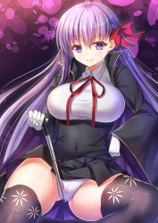 Rule 34 | 10s, 1girl, ame wa a ga tsutano?, bb (fate), bb (fate/extra), black thighhighs, breasts, fate/extra, fate/extra ccc, fate (series), hair ribbon, highres, lace, lace-trimmed legwear, lace trim, large breasts, long hair, panties, purple eyes, purple hair, red ribbon, ribbon, riding crop, see-through, solo, thighhighs, underwear, very long hair, white panties
